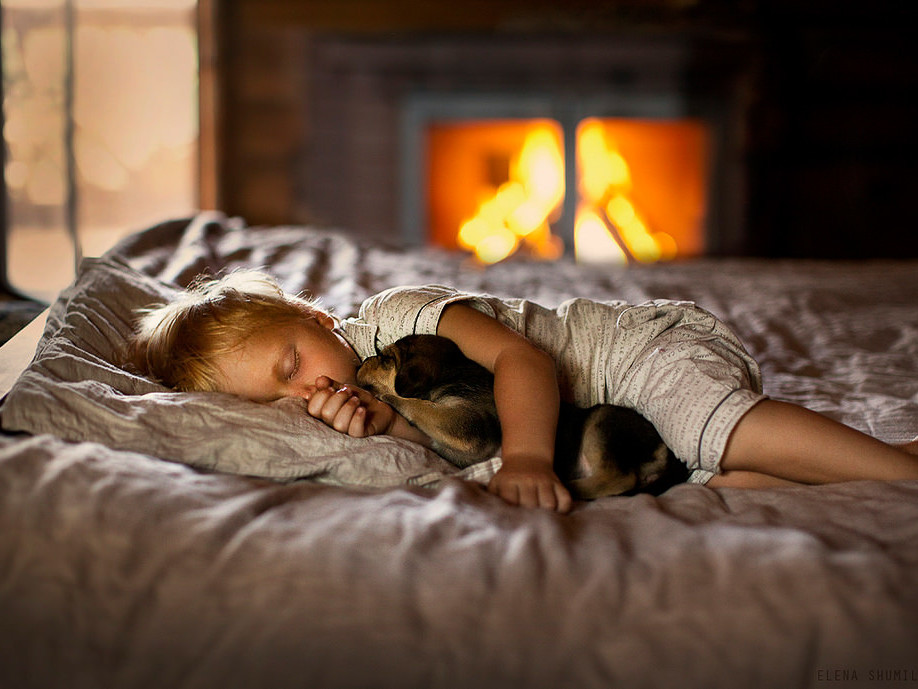 Un enfant dort avec son chiot