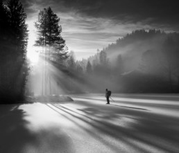 photo en noir et blanc d'un skieur en randonnée dans la foret