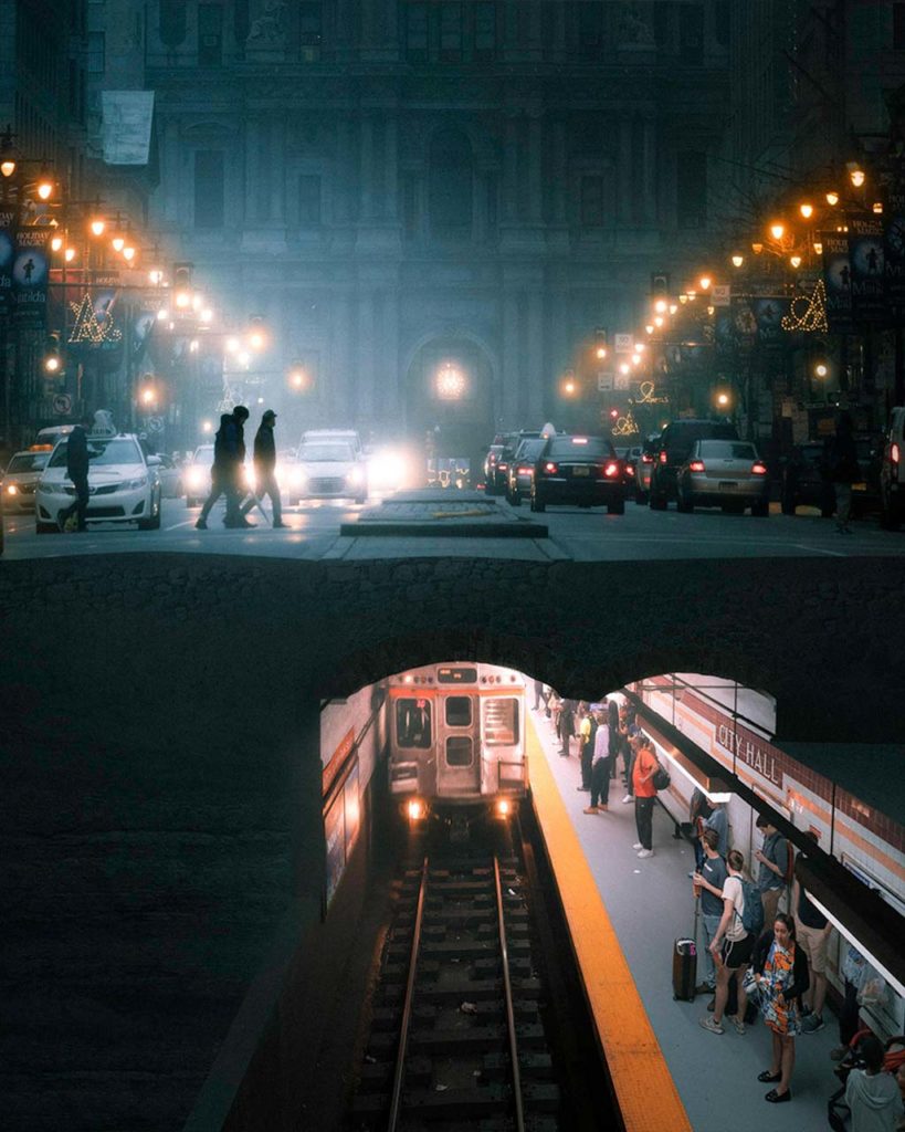 paysage urbain de nuit, rue et métro par Chris Hytha