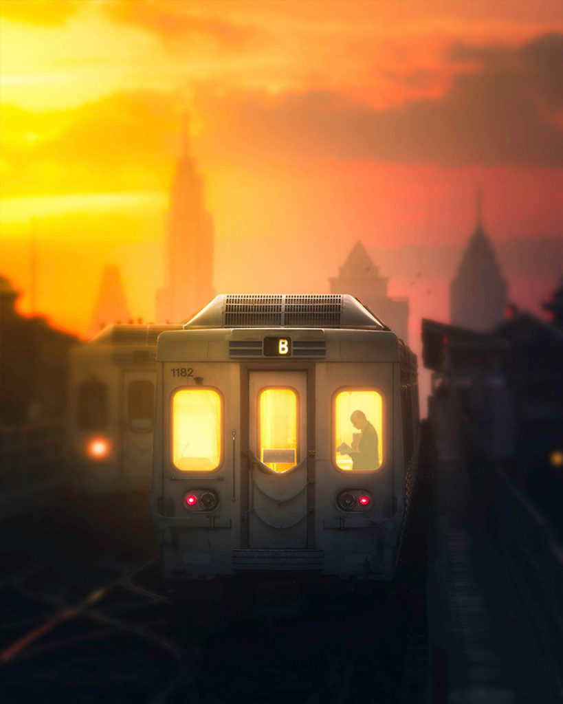cityscape avec métro lors de la golden hour