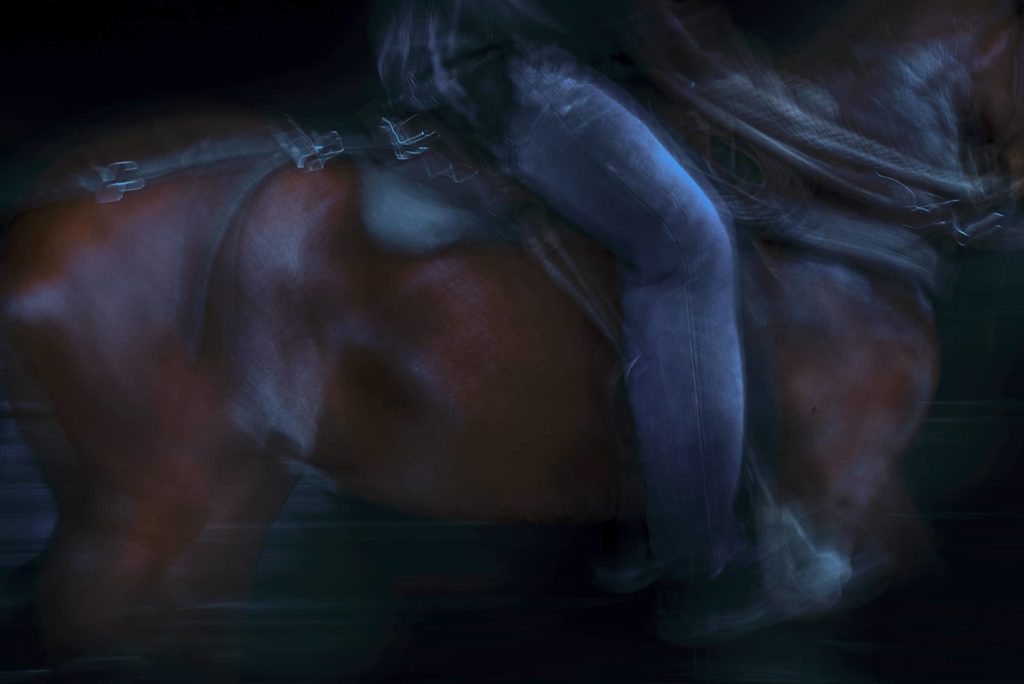 Cheval et jambe du cavalier en pose longue, série Doma equina d'Andres Galan, tons bleus